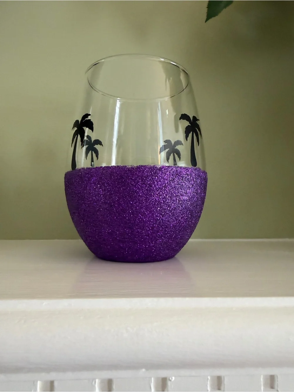 Tropical stemless Wine glass unbranded glitter dipped base palm tree decals